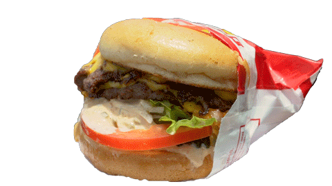 A rotating image of a burger consisting of two patties.