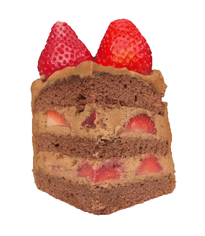 A rotating image of a slice of chocolate cake.